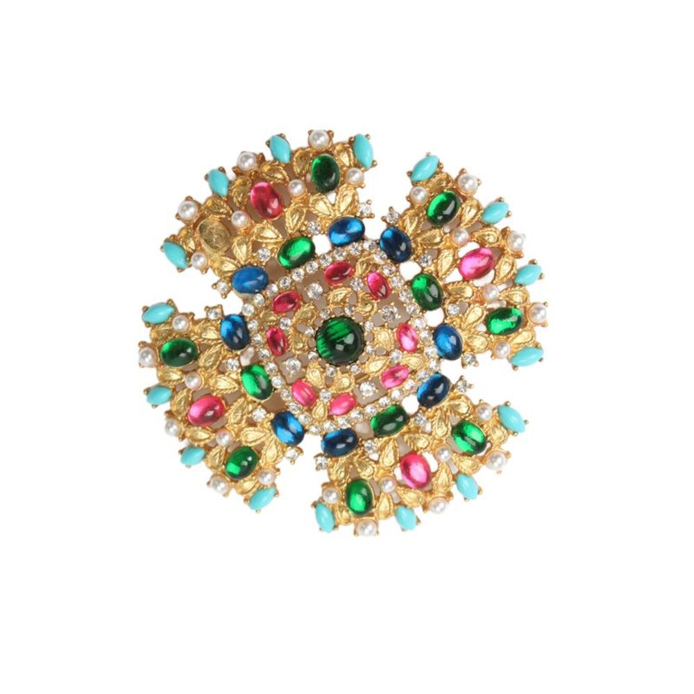 Designer Womens Gold Tone Multicolor Gripoix Maltese Cross Brooch 3.5"